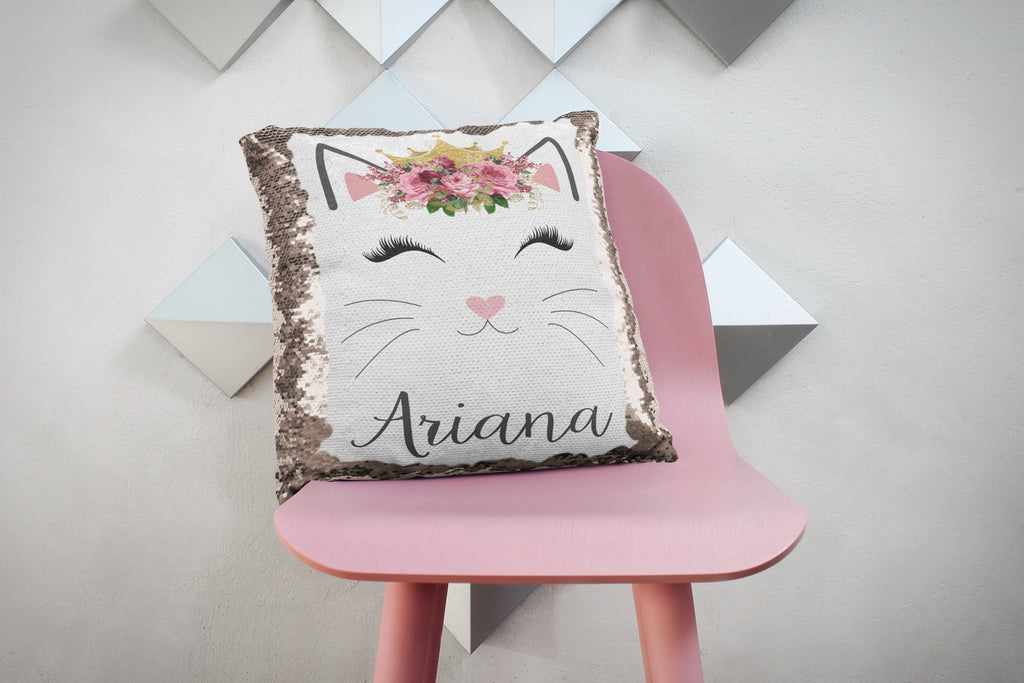 Personalized Cat Sequin Pillow Cover - Rose Gold Reversible Sequin Mermaid Pillow Case - Gift for Girls