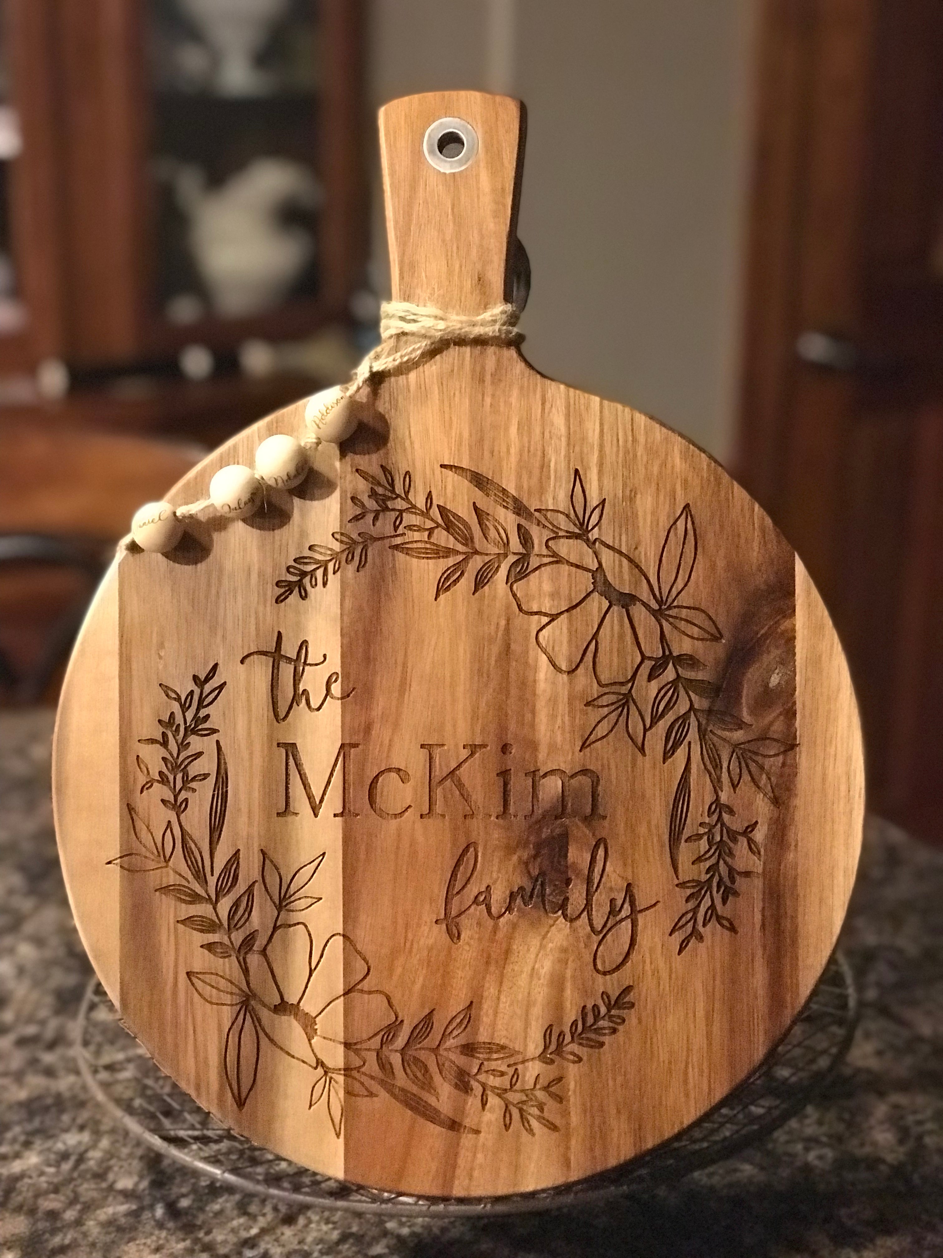 A Beautiful Personalized Laser Engraved Cutting Board with your choice of  wood type and size. Each board is designed and hand-crafted in house from  start to finish by carefully selecting each piece