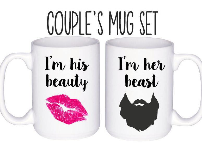 Disney Beauty Beast Couple Mugs Set/ His Hers Mr. and Mrs. Love Wedding  Anniversary Engagement Gold Metallic Coffee Mug Gift