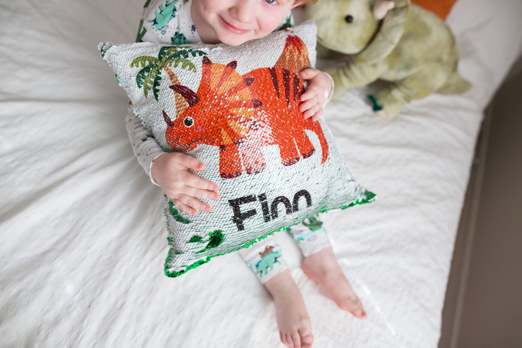 Personalized Dinosaur Gift - Custom Dinosaur Decor - Reversible Sequin Trex Pillow Case - Gift for Boys