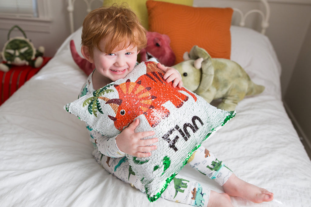Personalized Dinosaur Gift - Custom Dinosaur Decor - Reversible Sequin Trex Pillow Case - Gift for Boys