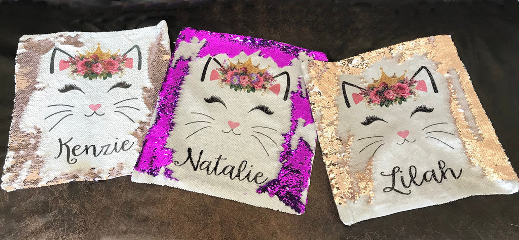Personalized Cat Sequin Pillow Cover - Rose Gold Reversible Sequin Mermaid Pillow Case - Gift for Girls